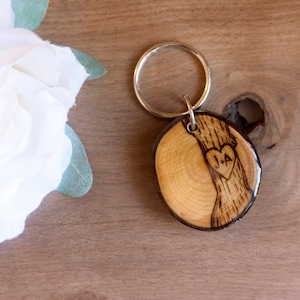 Initials in a Tree Keychain, Couples Keychain, 5th Anniversary Keychain, Woodland Keychain, Heart and Initials, Anniversary Gift, Pyrography