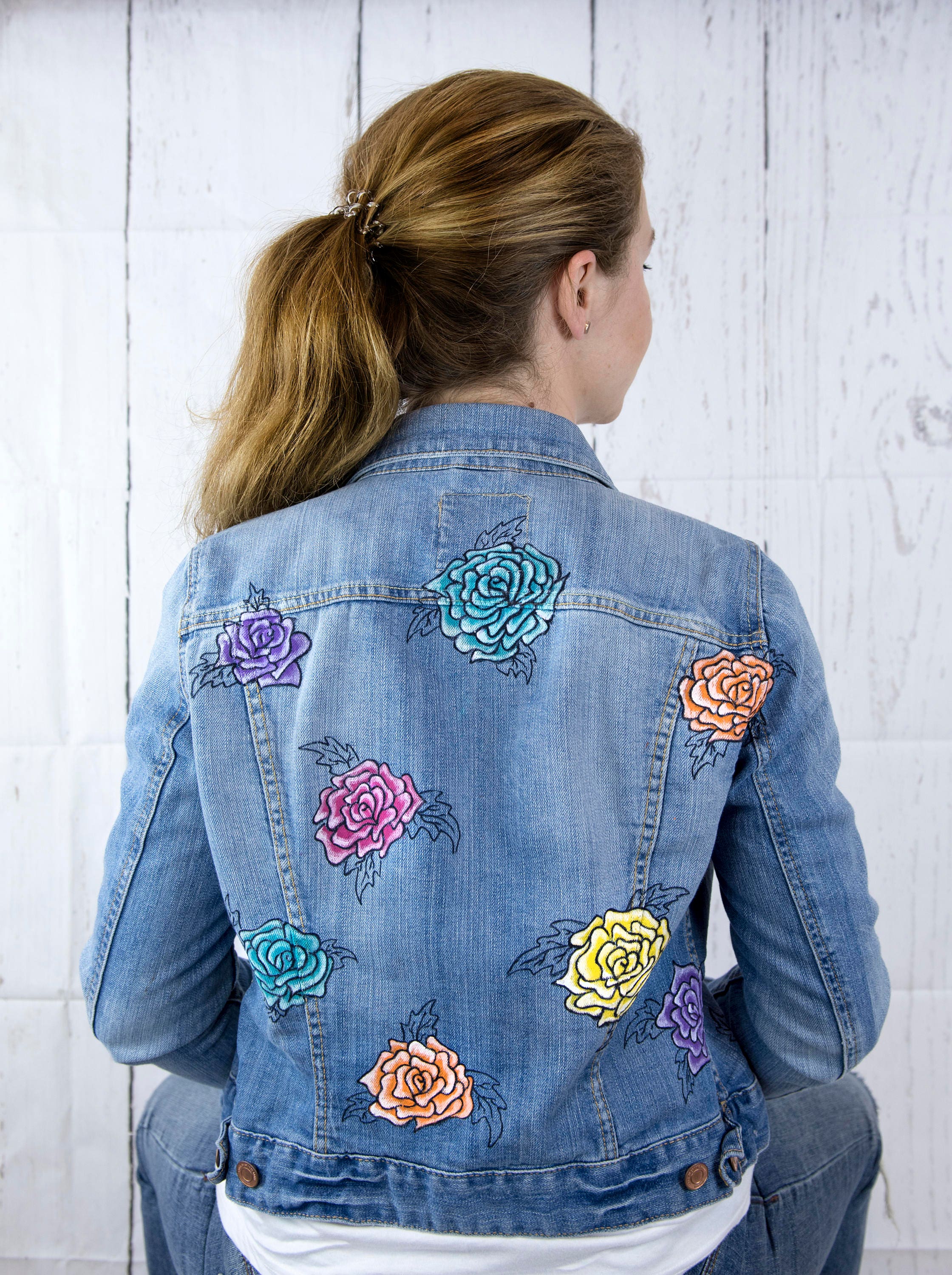 Hand Painted Denim Jacket Women's Jacket Flowers on