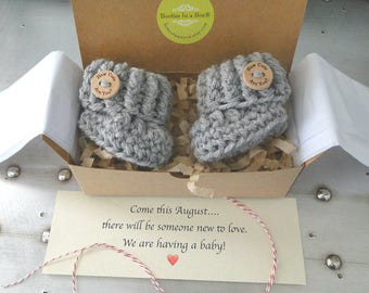 Grandparent Pregnancy Announcement, BOOTIES IN A BOX® Ribbed Cuffs with Wood Buttons, Newborn Baby Booties, Custom Message, Ready To Ship