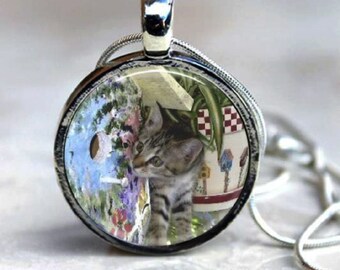 Bird Watching TABBY CAT Pendant - Round Art Photo Necklace - you choose finish and chain
