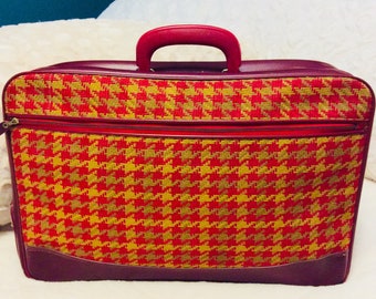 Mod Houndstooth Plaid 1960s Small Suitcase or Train Case Red Gold made in Japan Luggage Carry On Storage Case