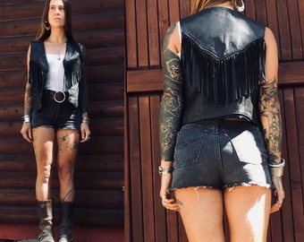XS/S Walter Dyer fringe vest black leather biker rocker rock n roll motorcycle made in USA America American made XS S extra small M medium