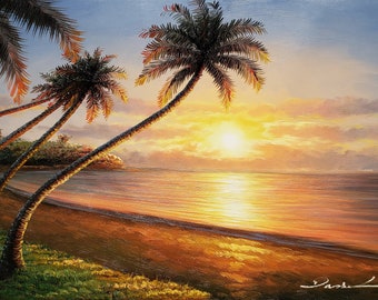 Pacific Island Sunset - #3, 24x36 100% Hand Painted Oil Painting on Canvas