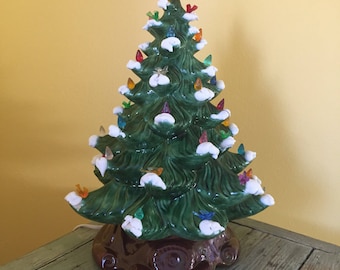 16" Vintage Green Lighted Ceramic Christmas Tree with Snow