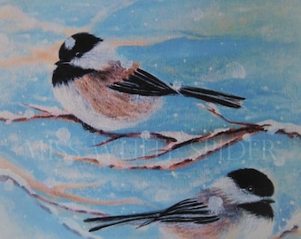 Winter Companions~ Original artwork, digital artwork, Chickadee, snow, painting print