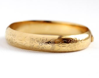 Gold Filled Bangle - Vintage Rosy Yellow 14k Gold Fill Flower Leaf Design Hinged Bracelet - 1970 Retro Leaf Floral Signed Marathon Jewelry