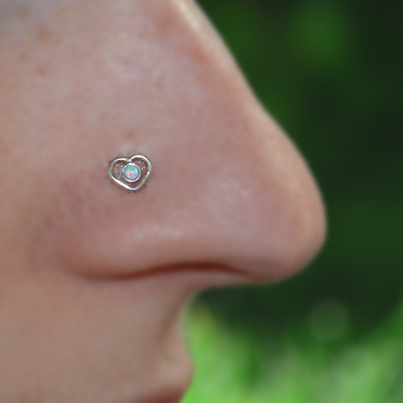 2mm Opal Nose Stud - Silver Heart Nose Ring Stud - Rook Earring - Cartilage Stud - Tragus Stud - Nose Screw - Helix Stud - Nose Piercing 16g