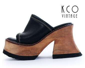 Platform Sandals 8 / 7.5 LONDON UNDERGROUND Shoes 90s Platforms Black Leather Wood Platform Shoes Vintage Women's US7.5-8 / Uk5.5-6 / Eur 38