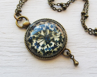 Real Pressed Flower Jewelry - Blue Queen Annes Lace Vintage Inspired Necklace