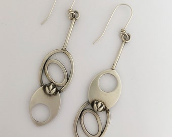 Asymmetrical Sterling Silver Earrings, Lotus Flower Earrings, Unique Drop Earrings For Girlfriend, Handmade Jewerly By Metalsmith