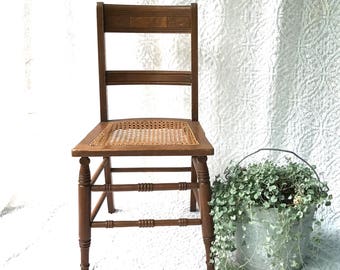 Vintage Wooden Cane Chair | Caned Bottom Wood Chair | Kitchen Chair | Farmhouse Chair | Victorian Desk Chair | Extra Seating | Hand Carved