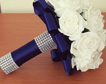 Bridal Bouquet, Blue & Ivory Bouquet, Hand Tied Bouquet, Gemmed Bouquet, Navy Blue Bouquet, Bridesmaid Bouquet