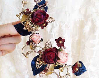 burgundy hair accessories, burgundy and navy, bridal headpiece, burgundy wedding hair flower, navy and gold, floral hair vine, hair clip
