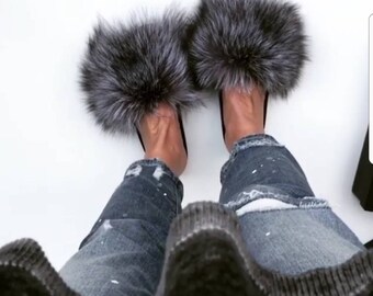 Fur slides, fur slippers, fox fur, real fur slides, slides, genuine fur slides, fur sandles