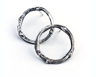 Silver Twig Hoop Earrings, Sterling Silver Twig Circle Earrings, Silver Twig Studs, Round Twigs, Twig Jewellery, Branch Hoops, Eco Silver
