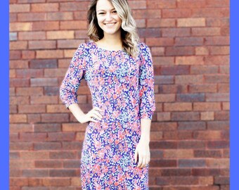 Floral Shift Dress,Mary Square Shift Dress, Floral Dress,Monogrammed Shift Dress,Casual Floral Dress,3/4 Sleeve Dress,Valentine gift for her