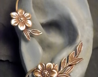Flower and Leaf Ear Wrap - GOLDEN GARDEN - Brass Ear Cuff Wrap