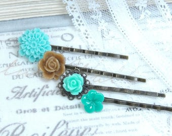 Beach Hair Pins Flower Bobby Pins Bobby Pin Set Blue And Green Hair Pins Hair Pin Set
