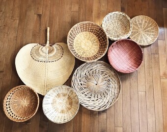 8 Hanging Woven Wall Baskets / Vintage Rattan Baskets / Wicker Baskets / Jungalow Decor / Bohemian Decor / Boho Wall Art Fan Tribal Eclectic