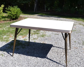 Retro Formica Kitchen Table Aged Brass Metal Legs Beige Woodgrain Top Chrome Apron Extendible Panchosporch