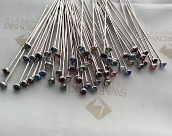 60 pieces Assorted Colors Swarovski Crystal pp18 Rhinestones Silver Headpins 21 gauge x 1 1/2 inches