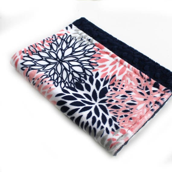 Baby Lovey, Personalized Girl Baby Blanket, Minky Baby Blanket, Coral Navy Flowers Blanket, Mini Baby Blanket, Security Blanket, Girl Lovey