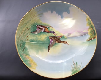 Rare Minton Hanpainted Mallard Ducks Flying Across Lake Signed Large Bowl.