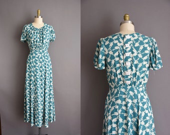 40s vintage rayon print full length dress vintage 1940s Medium teal rayon print dress