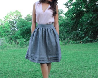 Gray Linen Skirt, Plus size linen, Linen Midi skirt, Linen clothing, Skirt with pockets, Natural linen skirt,Linen outfit, Knee length skirt