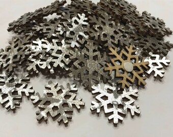 8 shinny silver color wood snowflake stick on embellishment, 30 mm (AA1)