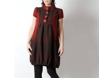 Red and brown wool dress, Short-sleeved red bubble dress, Warm wool womens dresses, Womens clothing, Fall fashion MALAM, size FR UK 8-10