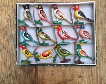 A boxed set of 12 hand carved and painted birds from India