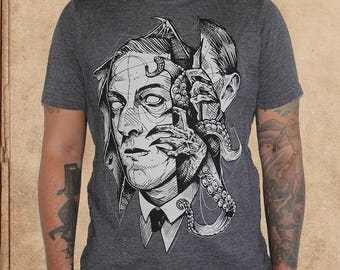 H.P. Lovecraft Portrait - Heather Charcoal - Poly Cotton - Cthulhu