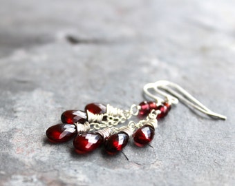 Garnet Earrings Red Gemstone Earrings Delicate Cascade Sterling Silver January Birthstone Earrings