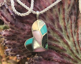 Vintage Sterling Silver Inlaid Heart Necklace with Italian Chain