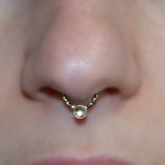 Gold Septum Ring 16g - 3mm White Topaz Nose Hoop - Tragus Earring Hoop - Cartilage Hoop Earring - Nose Ring - Nipple Ring - Rook Jewelry