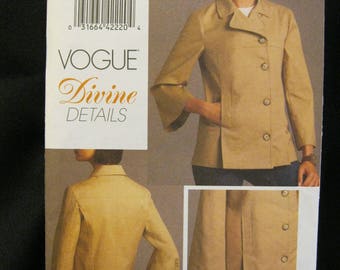 Size 6 - 12 or 14 - 20, Vogue 8480 Divine Details Jacket, princess seams, cropped flared sleeve, pockets, back vent, front pleats, 2008 easy