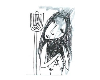 Aceo original, Jewish art card, original ink drawing, weird gift, Bizarre atc decor, small painting, Whimsical ACEO card, original art card