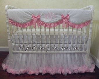 Baby Girl Crib Bedding Set Giselle White & Pink -Princess Bedding, White and Pink Baby Bedding, Bumperless Crib Bedding, Crib Rail Cover