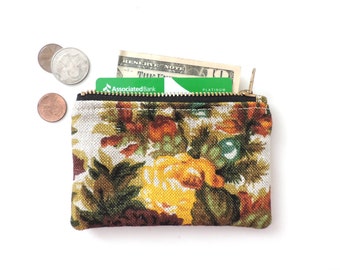 Linen Coin Purse Slim Wallet Zipper Pouch Floral