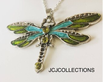 Green Dragonfly Necklace / Enamel Necklace / Gift For Her