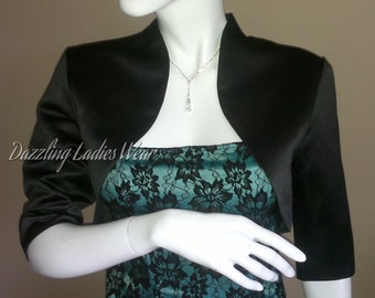 Black Satin Bolero / Shrug / Cropped Jacket Fully Lined - UK 4-26/US 1-22 3/4 Sleeves - Formal/Wedding/Bridal