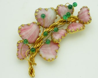 HOBE Pink Mayorka Petals Brooch Pin JULIO MARSELLA Glass Rhinestone Cabochon