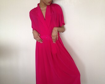 Vtg 80's NEW WAVE fuchsia batwing belted midi dress M/L