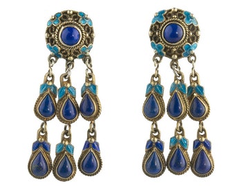 Vintage Chinese silver vermeil filigree enamel and lapis lazuli dangle earrings. eror480(e)