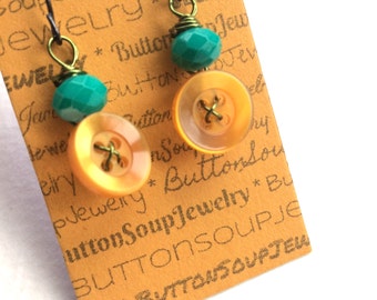 Fun Button Earrings with orange, teal, chartreuse