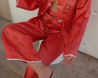 Vintage 1940s WWII Souvenir Embroidered Silk Pajama Set
