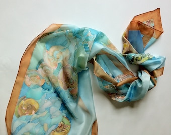Silk scarf hand painted for women - sea motives scarf - beach style scarf-hand painted silk scarves collection-long scarf -decorative