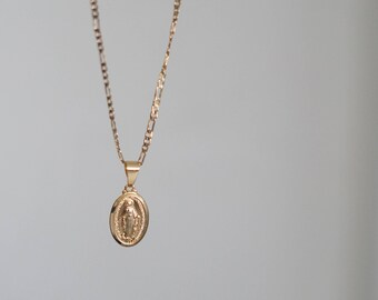 Gold Medallion Necklace, Virgin Mary Necklace, Unisex Necklace, Gold Charm Necklace, Coin Necklace, Long Layering Necklace, Christmas Gift