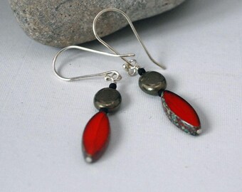 Red Czech Glass and Pyrite Dangle Earrings J-2255